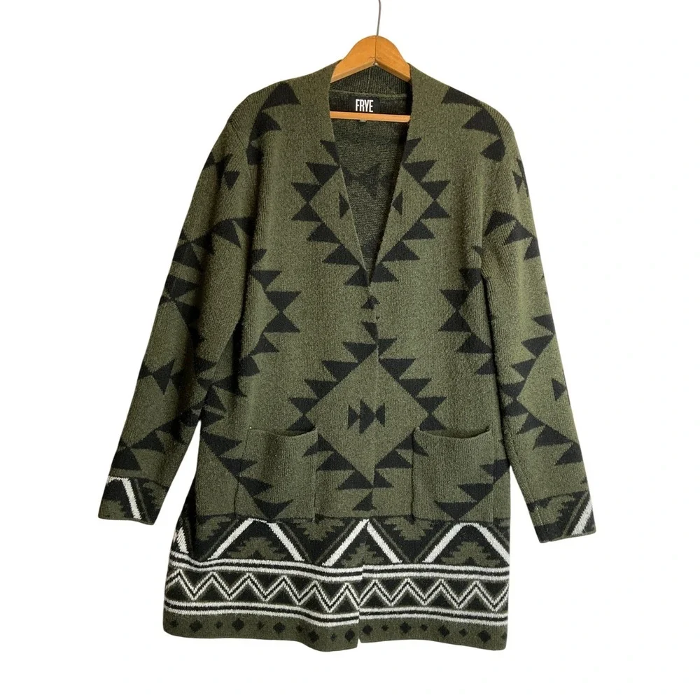 Frye‎ The Cozy Open Front Cardigan Oversized Olive Green Black Aztec Western L